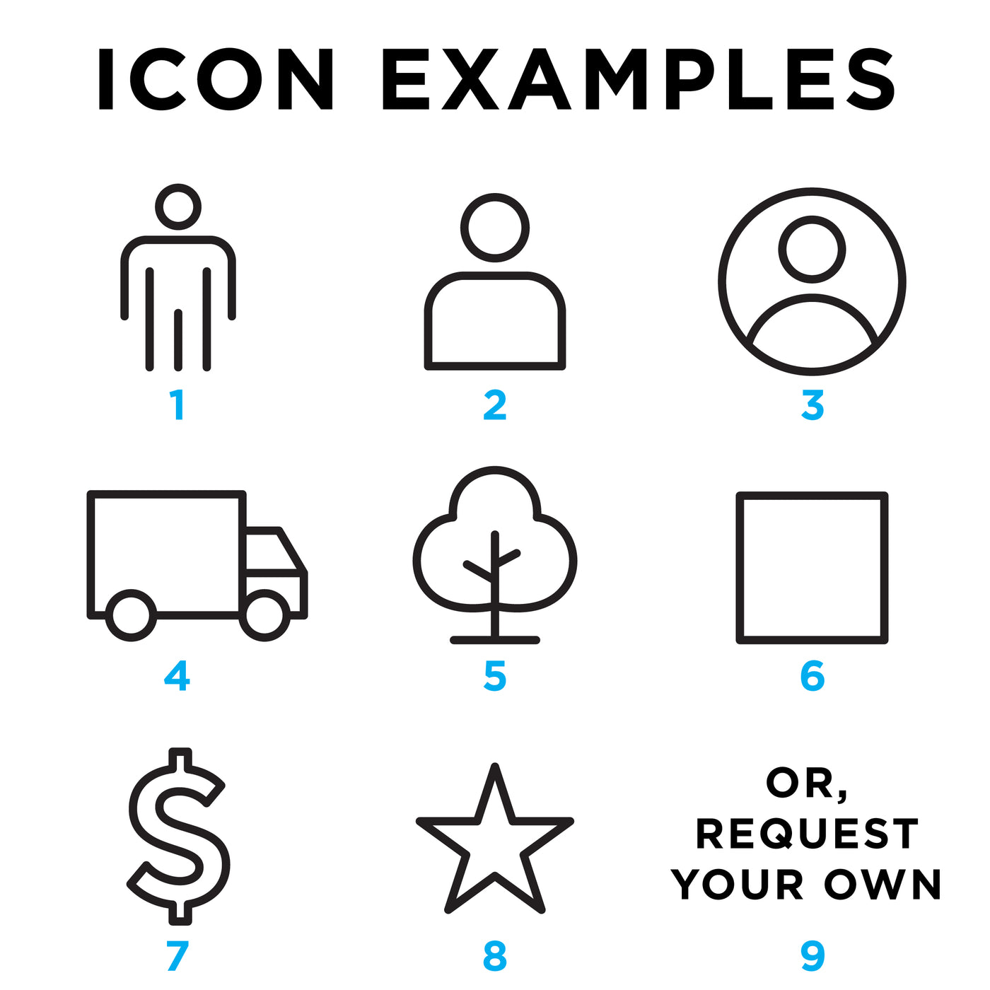 Icons: 1. Lines forming a person. 2. Simplified outline of a person. 3. Circular icon, perfect for Girl Fridays Goal Chart or Sales Tracker by Girl Friday. 4. Truck icon on acrylic board by Girl Friday and tree on acrylic board by Girl Friday.. Design Your Own Icon! Header: Icon Examples.