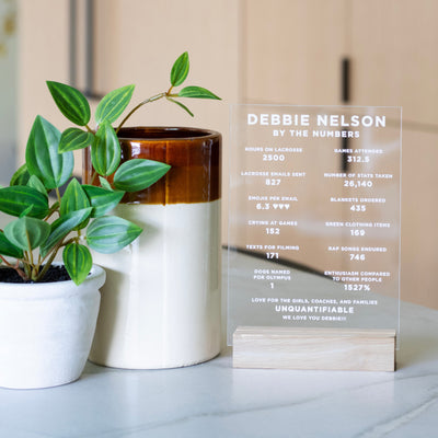 The Debbie Nelson by the Numbers sign, crafted by Girl Friday, is a decorative clear acrylic sign for team parents or coaches. It features various statistics, rests on a wooden stand, and is framed by two potted plants against a blurred light wood-toned indoor setting reminiscent of an elegant banquet.