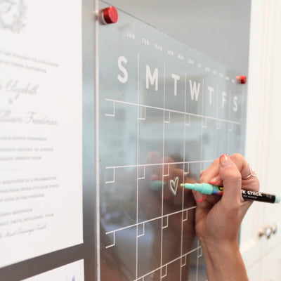 Clear Acrylic Monthly Fridge Calendar | Bottom Notes | White Text