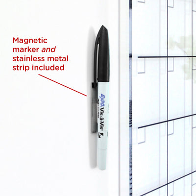 A black and white marker is held on a clear acrylic board with a magnetic clip. Red text reads, Magnetic marker and stainless metal strip included. Ideal for the Girl Friday Clear Acrylic Customizable Chore Chart for wall, or for use with wet-erase markers for versatility.