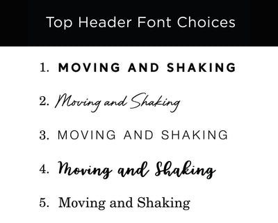 The Top Header Font Choices text image on Girl Fridays customizable Moving & Shaking Clear Acrylic Real Estate Board features five numbered font styles: bold uppercase, cursive, uppercase serif, cursive bold, and serif with extra spacing.