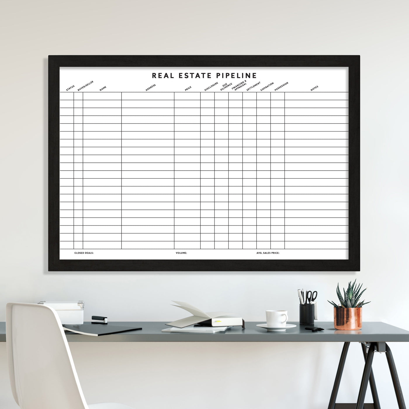 A minimalist office space showcases a premium Framed Real Estate Pipeline Whiteboard from Girl Friday on the wall above a desk. The desk includes a white chair, plant, mug, and stationery, allowing for customizable board configurations to enhance workflow efficiency.