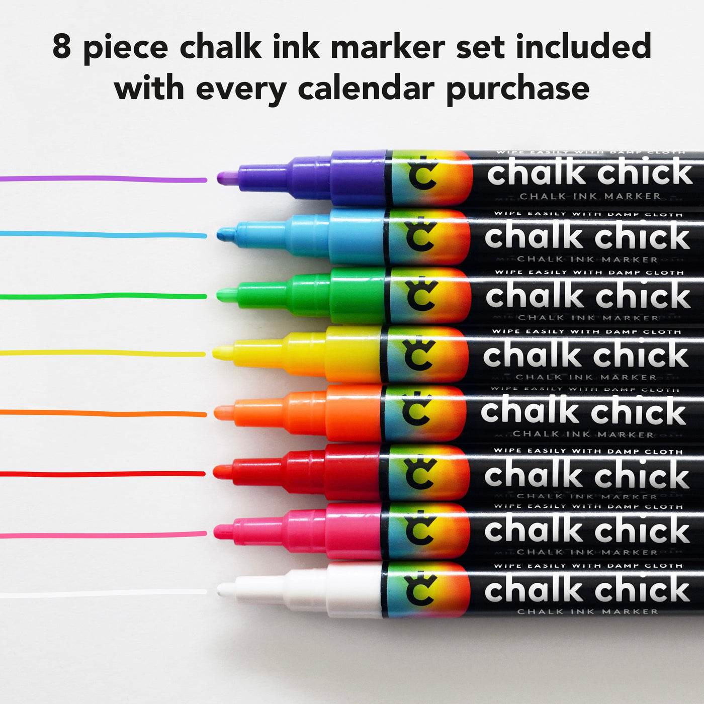 Enhance your 9 X 24 Framed Weekly Chalkboard Calendar from CalendarGirlCompany with a free set of eight vibrant chalk ink markers—pink, orange, yellow, light green, dark green, blue, purple, and white—with each calendar purchase. Perfect for adding color to your schedule or menu!.