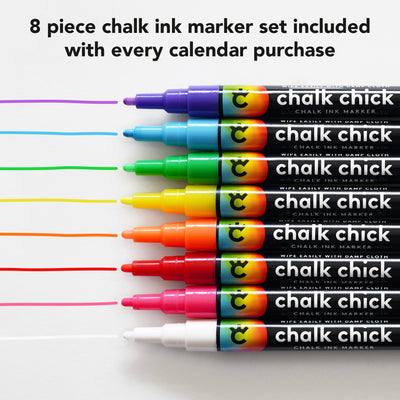 Enhance your 9 X 24 Framed Weekly Chalkboard Calendar from CalendarGirlCompany with a free set of eight vibrant chalk ink markers—pink, orange, yellow, light green, dark green, blue, purple, and white—with each calendar purchase. Perfect for adding color to your schedule or menu!.