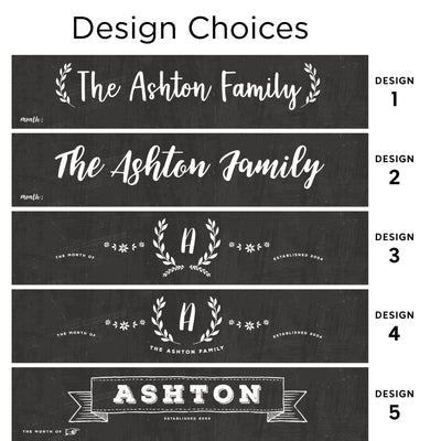 Explore five personalized family sign designs on the 24 x 36 Large Vertical Chalkboard by CalendarGirlCompany, ideal for chalk ink markers. Designs feature The Ashton Family with laurel branches and vintage accents, customizable frames, and are numbered 1-5 for easy comparison.