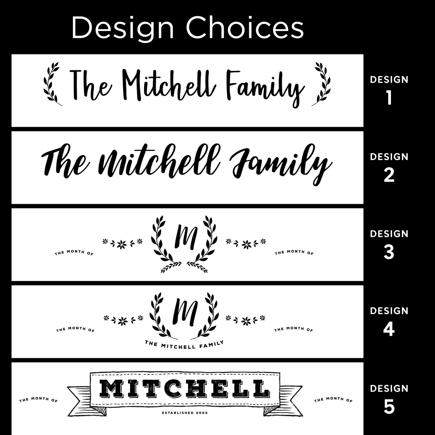 Discover five design options for a family name sign, showcasing The Mitchell Family or Mitchell with artistic elements such as laurels, initials, and banners. Elevate your decor with these signs just as a premium acrylic surface enhances the 36 x 24 Framed Whiteboard Calendar by CalendarGirlCompany.