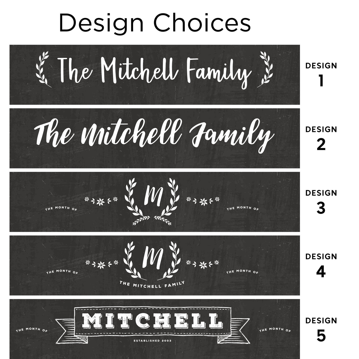 Discover five unique design options for the 36 x 24 Framed Chalkboard Calendar by CalendarGirlCompany, featuring The Mitchell Family with an initial M. Each design, from Design 1 to 5, elegantly incorporates decorative elements like laurel wreaths or banners and offers easy customization.