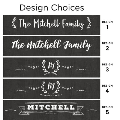 Discover five unique design options for the 36 x 24 Framed Chalkboard Calendar by CalendarGirlCompany, featuring The Mitchell Family with an initial M. Each design, from Design 1 to 5, elegantly incorporates decorative elements like laurel wreaths or banners and offers easy customization.