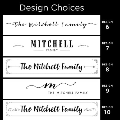 Image featuring five design options for The Mitchell Family using diverse fonts and decorative elements on a premium acrylic surface. Each design, labeled from 6 to 10, complements the CalendarGirlCompanys 36 x 24 Framed Whiteboard Calendar (#24126), ideal for your chalk ink marker set.