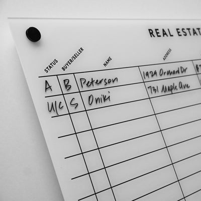 Image of the White Acrylic Floating Board by Girl Friday, showcasing handwritten real estate entries: Peterson at 1920 Ormand Dr and Oniki at 731 Maple Ave. Statuses use A B and UC S, reflecting its customizable design crafted from high-quality materials.