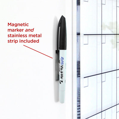 The Girl Friday Clear Acrylic Yearly Wall Calendar features a black-capped magnetic marker with a left-pointing tip that attaches to white surfaces using a stainless metal strip. Ideal for organized planning, it includes both the magnetic marker and metal strip.