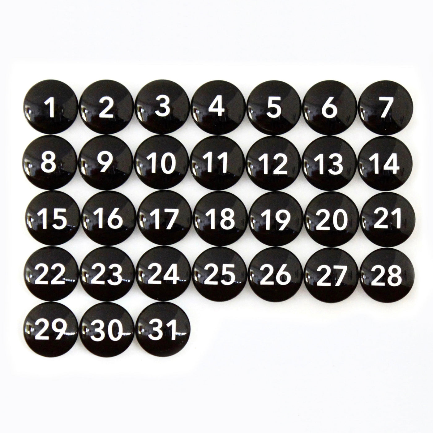 A sleek 24 x 18 framed whiteboard calendar from CalendarGirlCompany (#18203) with round black buttons numbered 1 to 31 in white, arranged in a grid.