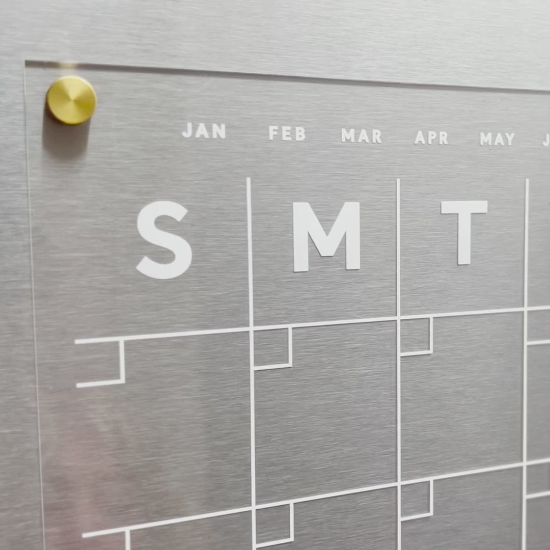 Clear Acrylic Fridge Calendar with customizable bottom sections and white text