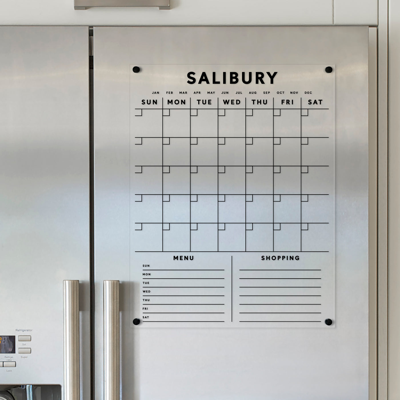 Clear acrylic FRIDGE calendar | Custom Family Name with customizable bottom sections