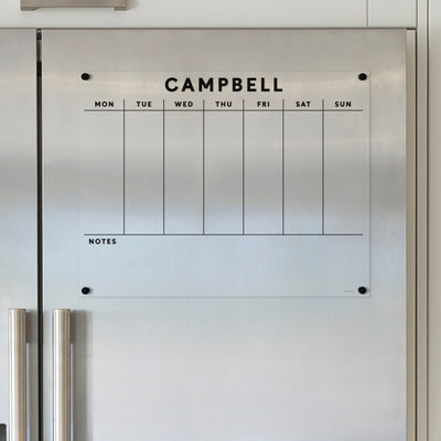 Clear Acrylic Customizable Weekly Fridge Calendar | Notes section | Block Font