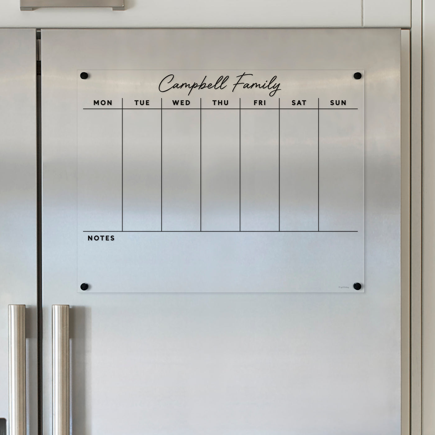 Clear Acrylic FRIDGE calendar WEEKLY and NOTES customized with family name