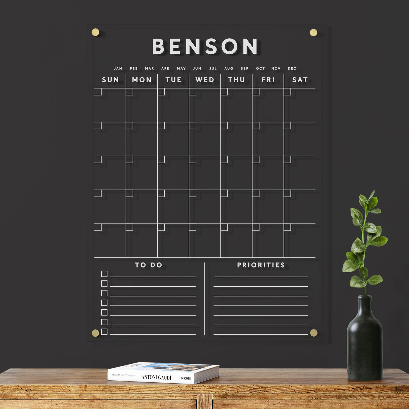 Acrylic Calendar with family name and bottom section - White text