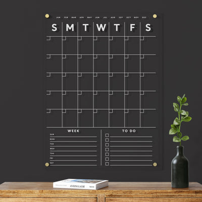Clear Acrylic Customizable Monthly Wall Calendar with 2 Notes Sections | White Text