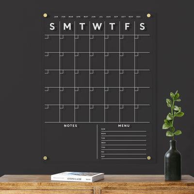 Clear Acrylic Customizable Monthly Wall Calendar with 2 Notes Sections | White Text