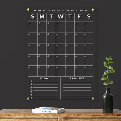 Clear Acrylic Customizable Monthly Wall Calendar with 2 Notes Sections | White Text