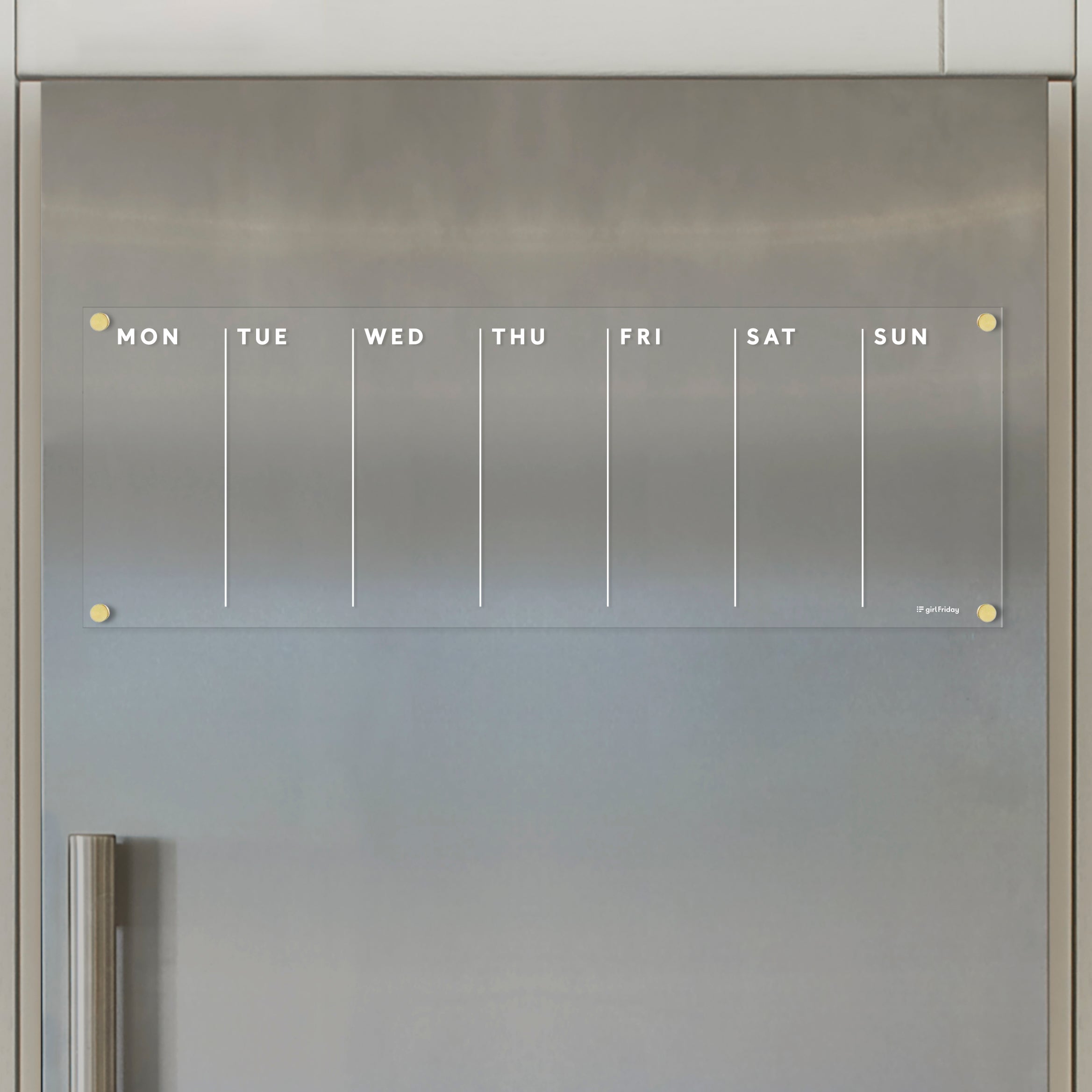 Clear Acrylic Weekly Fridge Calendar | Horizontal | White Text (12x5)