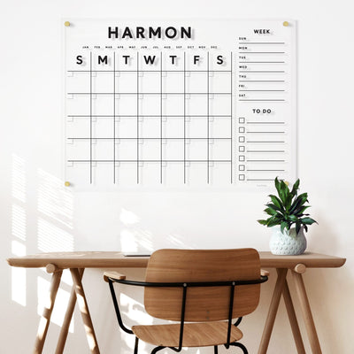 Clear Acrylic Customizable Monthly Wall Calendar with 2 Notes Sections | Horizontal