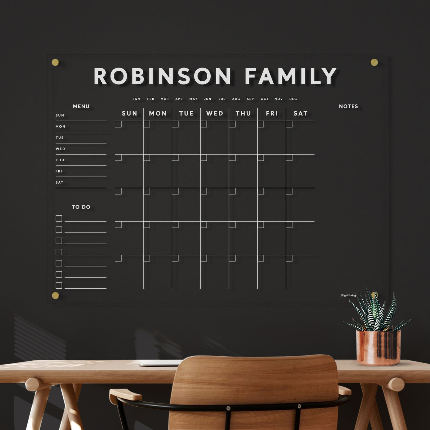 Acrylic Calendar with Family Name - Dry Erase Calendar for wall with white text