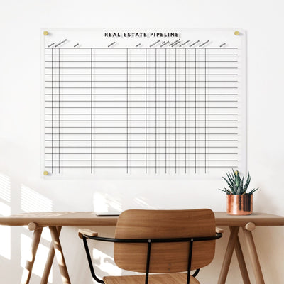 A desk with a wooden chair sits before the Girl Friday Real Estate Pipeline Acrylic Board, ideal for tracking deals with a wet-erase marker on its labeled columns. Sunlight casts patterns as a metallic potted plant rests on the desk.