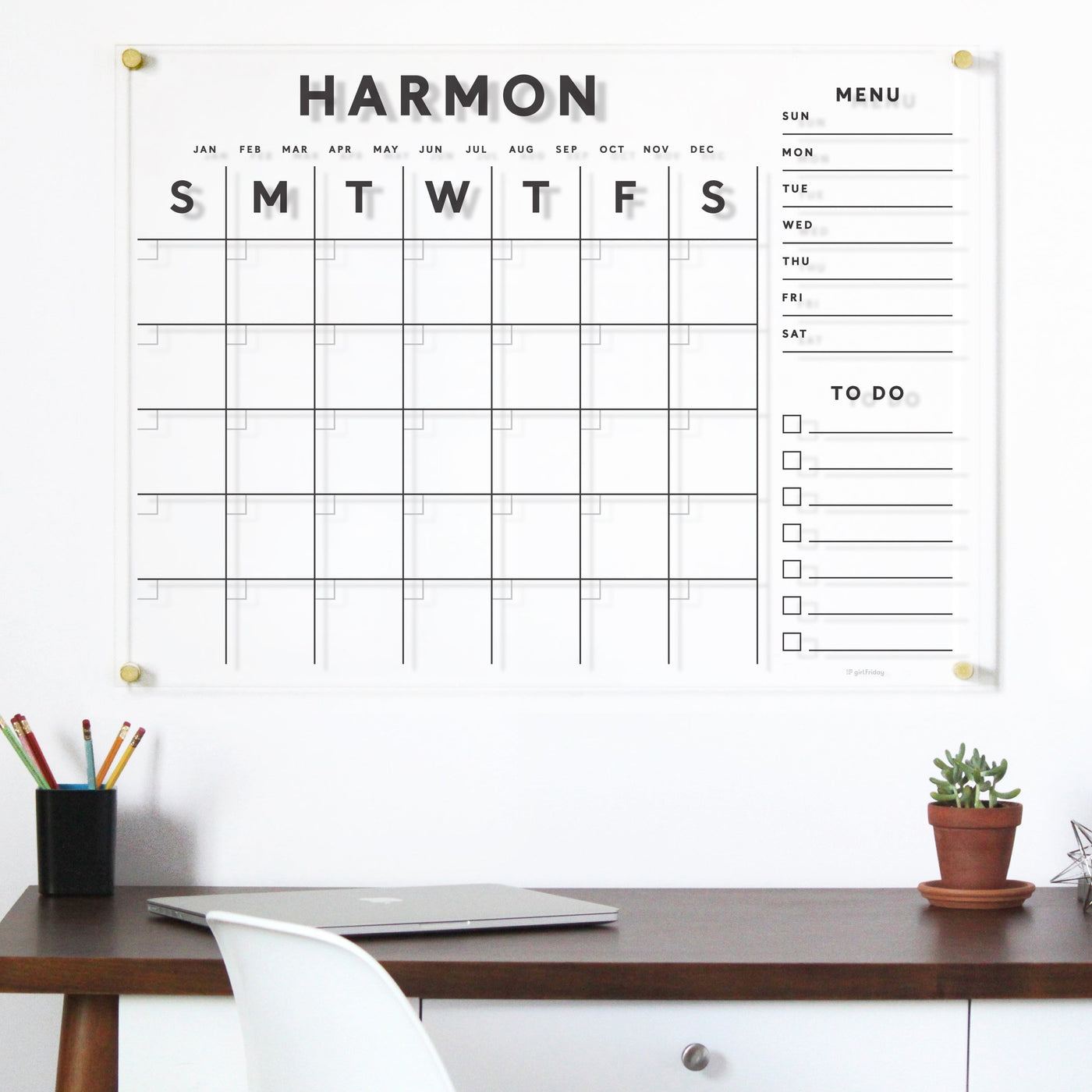 Clear Acrylic Customizable Monthly Wall Calendar with 2 Notes Sections | Horizontal