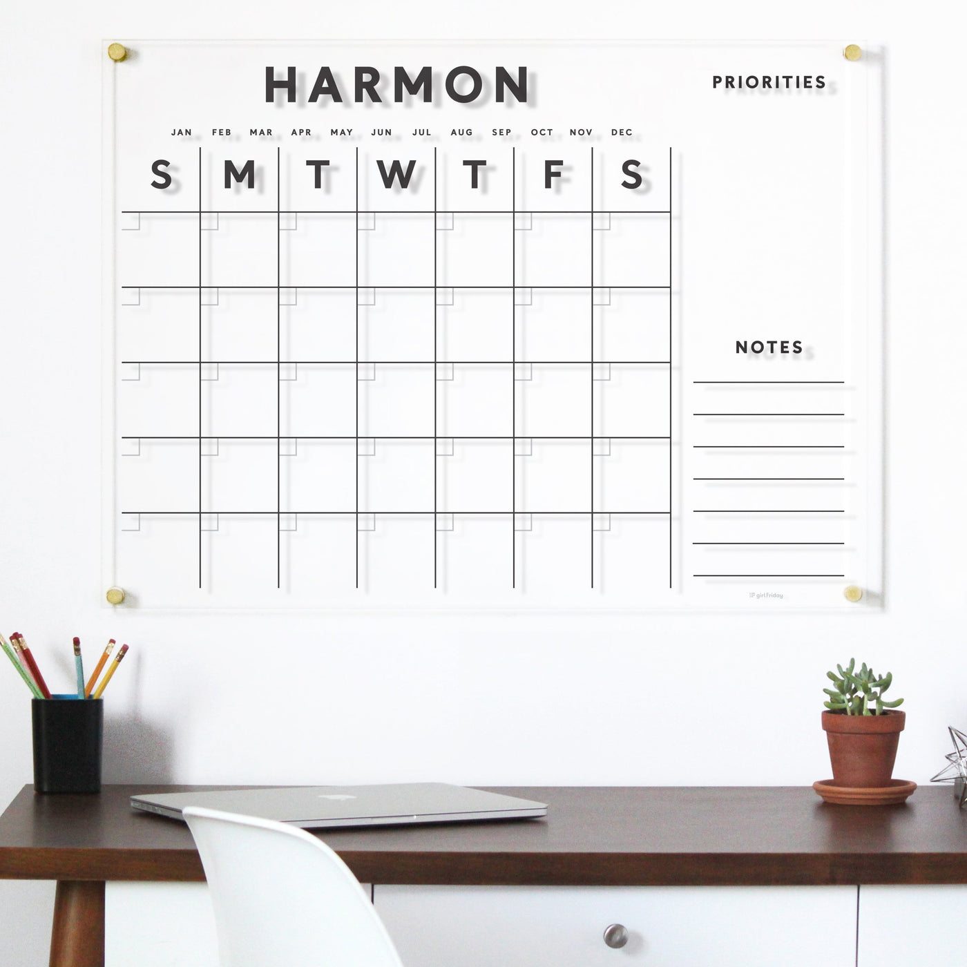 Clear Acrylic Customizable Monthly Wall Calendar with 2 Notes Sections | Horizontal