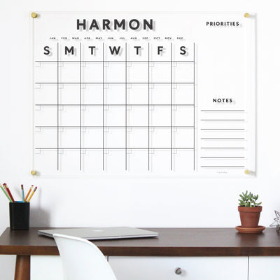 Clear Acrylic Customizable Monthly Wall Calendar with 2 Notes Sections | Horizontal