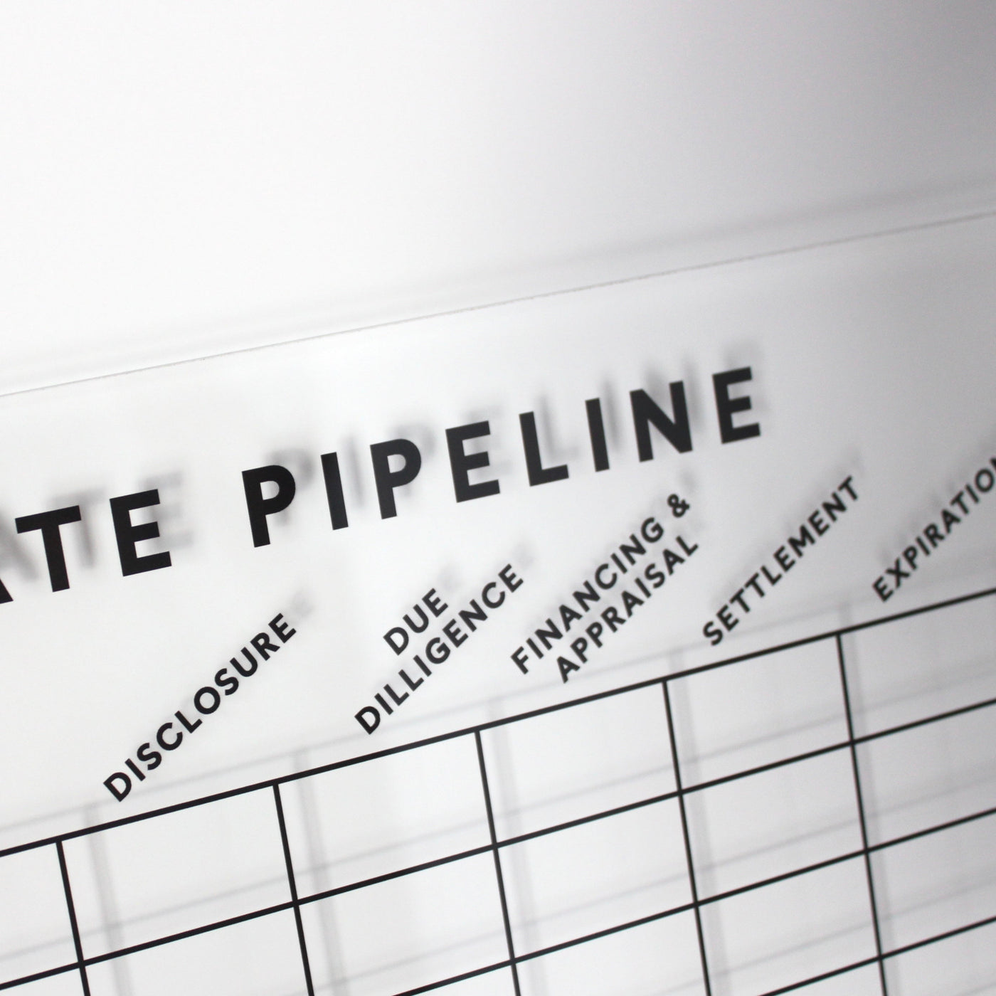 Close-up of the Girl Friday Real Estate Pipeline Acrylic Board highlighting terms like Disclosure and Due Diligence on its clear grid, ideal for task organization with wet-erase markers for dynamic updates.