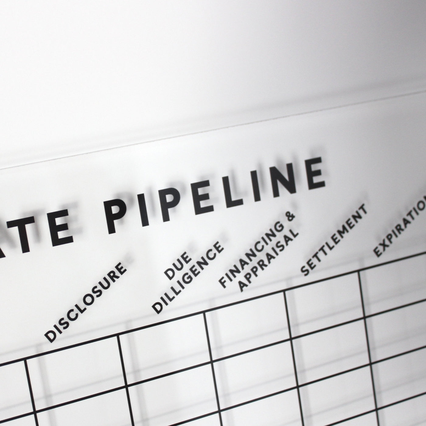 A close-up of the Real Estate Pipeline Acrylic Board by Girl Friday shows columns titled State Pipeline, Disclosure, Due Diligence, Financing & Appraisal, Settlement, and Expiration. The unfilled chart lines are ideal for use with a wet-erase marker.