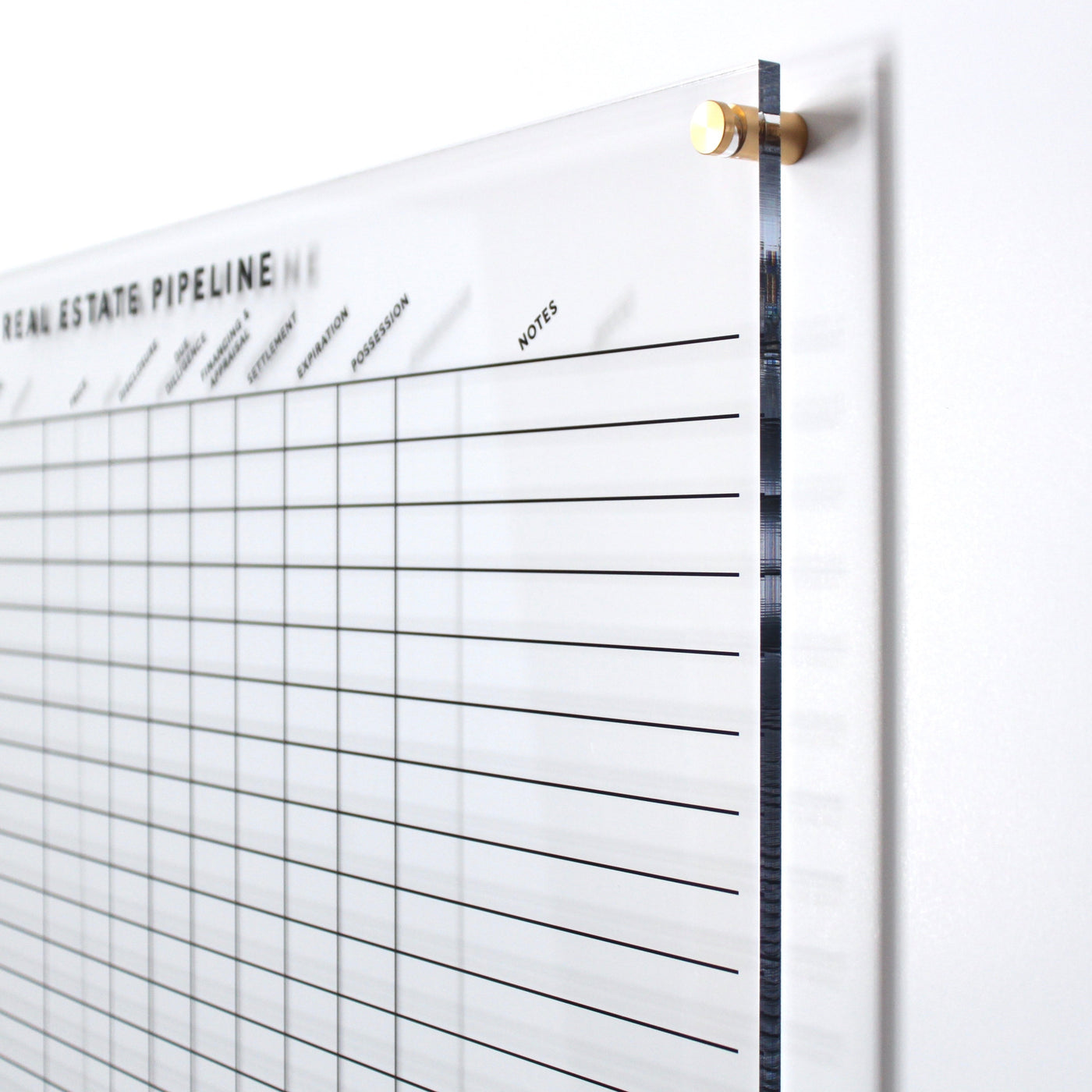 The Girl Friday Real Estate Pipeline Acrylic Board features a Real Estate Pipeline header, includes columns for stages and notes, is wall-mountable with gold hardware, and is ideal for wet-erase marker entries.