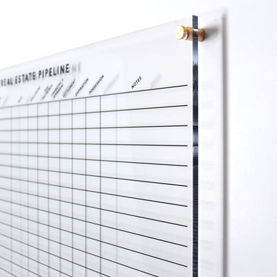 The Girl Friday Real Estate Pipeline Acrylic Board features a Real Estate Pipeline header, includes columns for stages and notes, is wall-mountable with gold hardware, and is ideal for wet-erase marker entries.