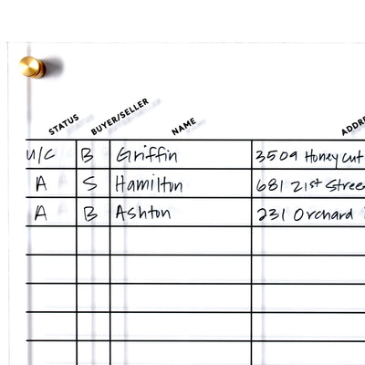 A sheet pinned on the Real Estate Pipeline Acrylic Board by Girl Friday shows a Status, Buyer/Seller, Name, and Address table. Notes like U/C B Griffin 3509 Honeycut and A S Hamilton 681 Orchard Street are visible, with remaining rows ready for updates using a wet-erase marker.