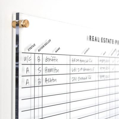 The Girl Friday Real Estate Pipeline Acrylic Board with 2 columns is a customizable wall-mounted planner with gold screws. It shows handwritten entries like statuses, buyer/seller initials, names, and addresses using a wet-erase marker.