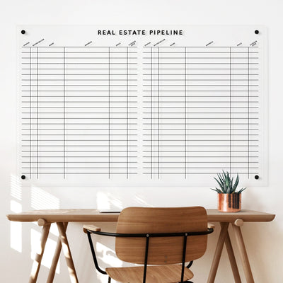 A minimalist office setup features a wooden desk and chair, with a Girl Friday Real Estate Pipeline Acrylic Board hanging above. This board has customizable columns and rows for tracking progress. A small plant in a copper pot enhances the spaces functionality and style.