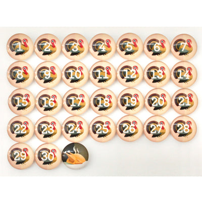 The Girl Friday Number Magnets - Thanksgiving! Turkey Day set features circular magnets numbered 1-30, each with a turkey design. Ideal for kids, it includes a special glass magnet at the bottom displaying a cornucopia image instead of a number.