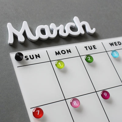 White Acrylic Fridge Calendar with bottom notes | Month words
