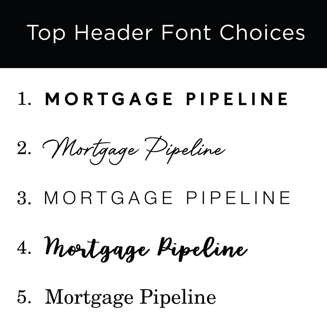 The Mortgage Pipeline Whiteboard by Girl Friday features a premium acrylic board displaying the text MORTGAGE PIPELINE in five unique font styles, labeled 1 to 5, ideal for customizable design on dry-erase boards.