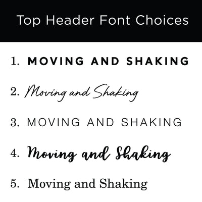 The Girl Friday Real Estate Moving & Shaking Whiteboard showcases a stylish text display of Top Header Font Choices on an acrylic board, featuring five font examples with customizable frames for an enhanced writing surface experience.