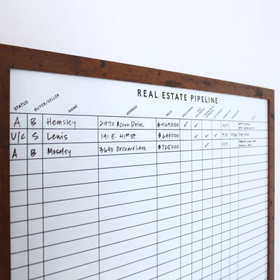 The Real Estate Pipeline Poster Print | Horizontal by Girl Friday is a wood-framed board featuring handwritten columns for status, buyer/seller, name, address, price, and date. It includes checkmarks to show progress and can be customized to track your sales journey.