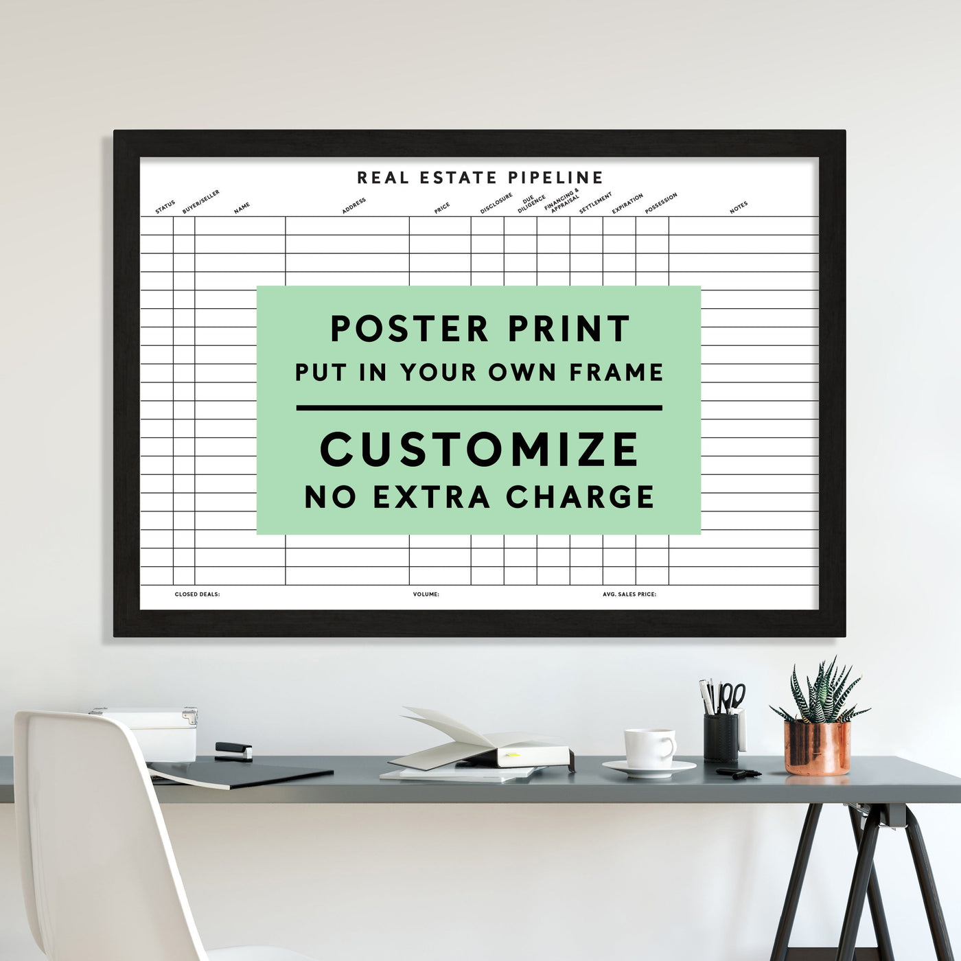 The Girl Friday Real Estate Pipeline horizontal poster print has a gridded design with a green overlay reading, Customize Your Print - Put in Your Own Frame - No Extra Charge. It is stylishly showcased above a modern desk featuring a mug and plant.
