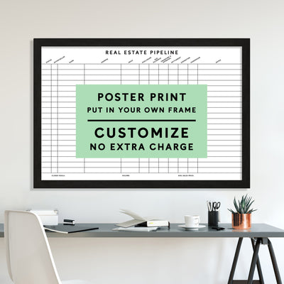 The Girl Friday Real Estate Pipeline horizontal poster print has a gridded design with a green overlay reading, Customize Your Print - Put in Your Own Frame - No Extra Charge. It is stylishly showcased above a modern desk featuring a mug and plant.