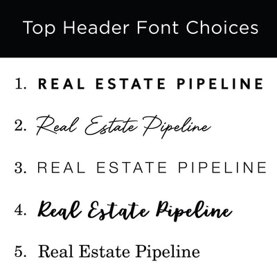 The Girl Friday Real Estate Pipeline acrylic board features a header Top Header Font Choices with customizable sections and five numbered fonts: 1. bold sans-serif, 2. cursive, 3. sans-serif capitals, 4. bold cursive, and 5. serif—perfect for use with a wet-erase marker.