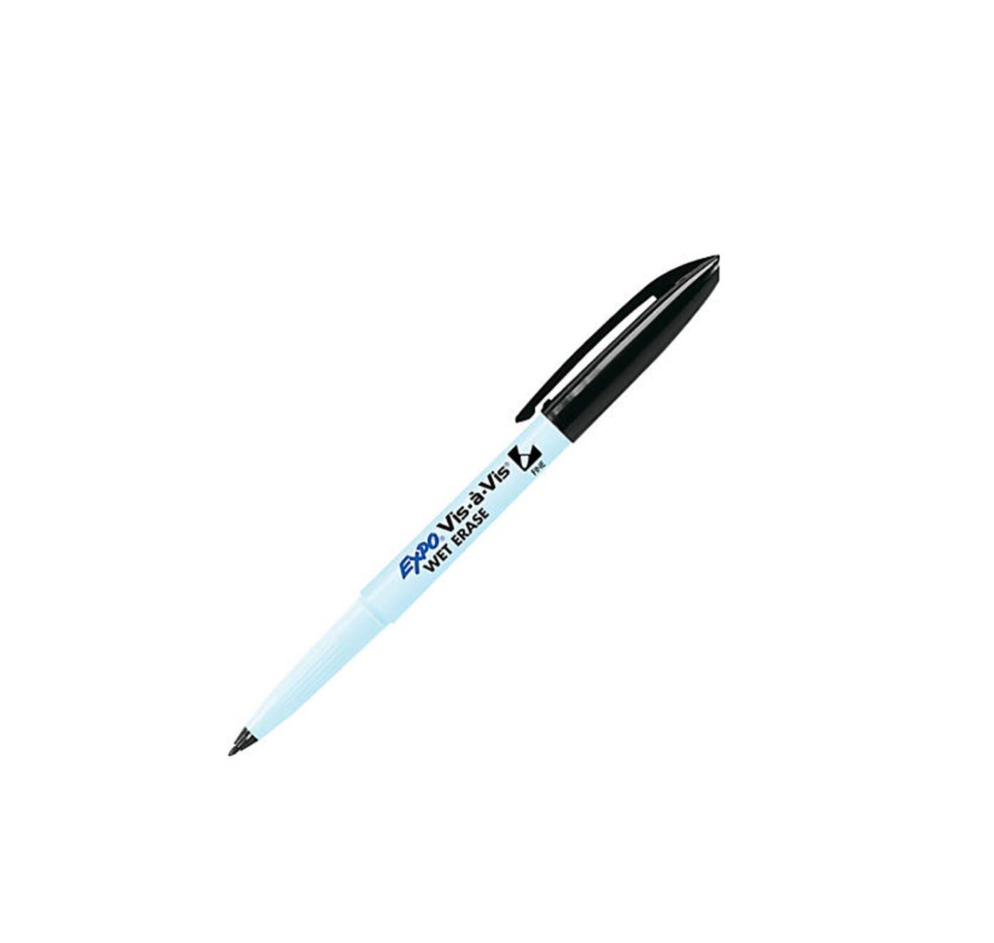 A light blue and black Girl Friday Wet-erase marker is angled diagonally. It features a black cap on the end opposite the tip, ready to use on your clear acrylic calendar. The pens body displays the brand in dark text against a plain white background.