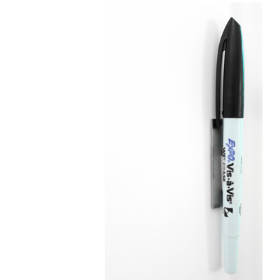 A black and light blue Expo Vis-à-Vis wet erase marker with a black cap is attached in a sleek grey holder to the premium White Acrylic Chore Chart. Designed by Girl Friday Shop for 2 children, this setup suits non-magnetic fridges or modern offices, set against a white background.