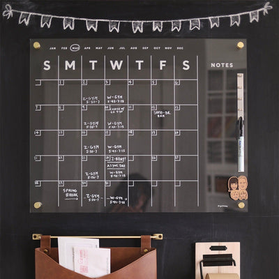 Clear Acrylic Monthly Wall Calendar with Side Notes| White text